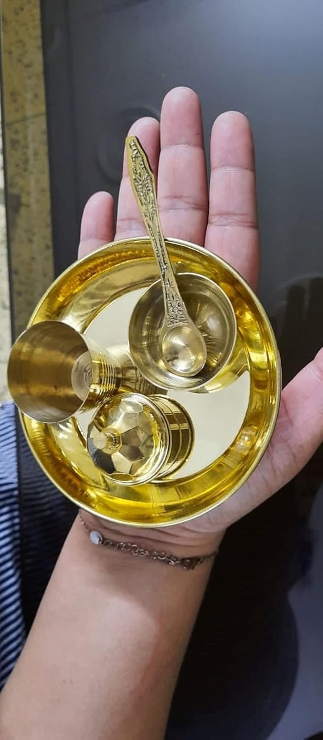 Brass Bhog Thali Set with Gift Box, 4 Inch (5 Pieces)