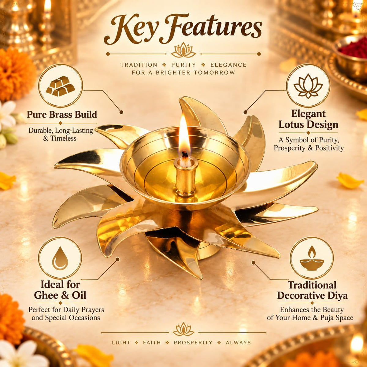 Brass Flower Diyas, 3 Inch (Set of 12)