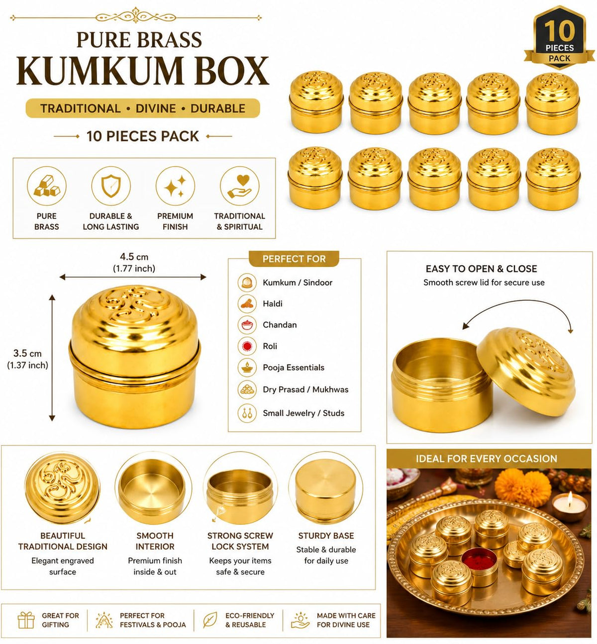 Brass Kumkum Dabbi with Om Lid (Pack of 10)