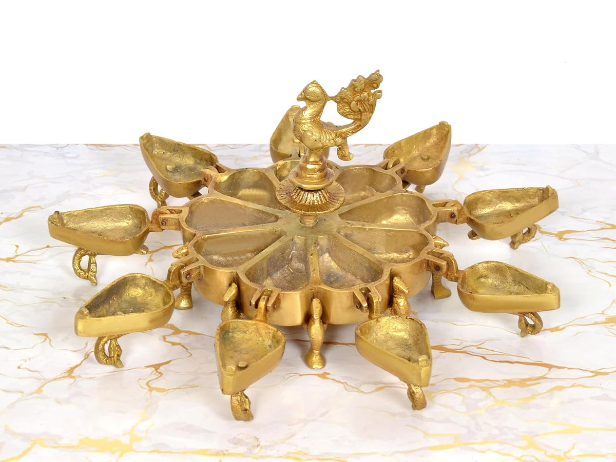 Brass Peacock Kumkum Box, 9 Compartments