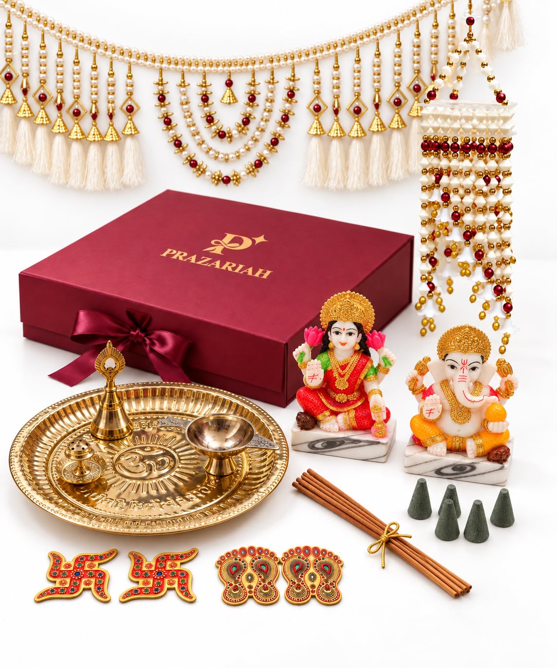 Diwali Pooja Gift Box, 12 Essentials (Brass Thali, Idols, Diya)