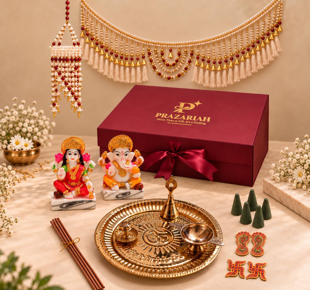 Diwali Pooja Gift Box, 12 Essentials (Brass Thali, Idols, Diya)