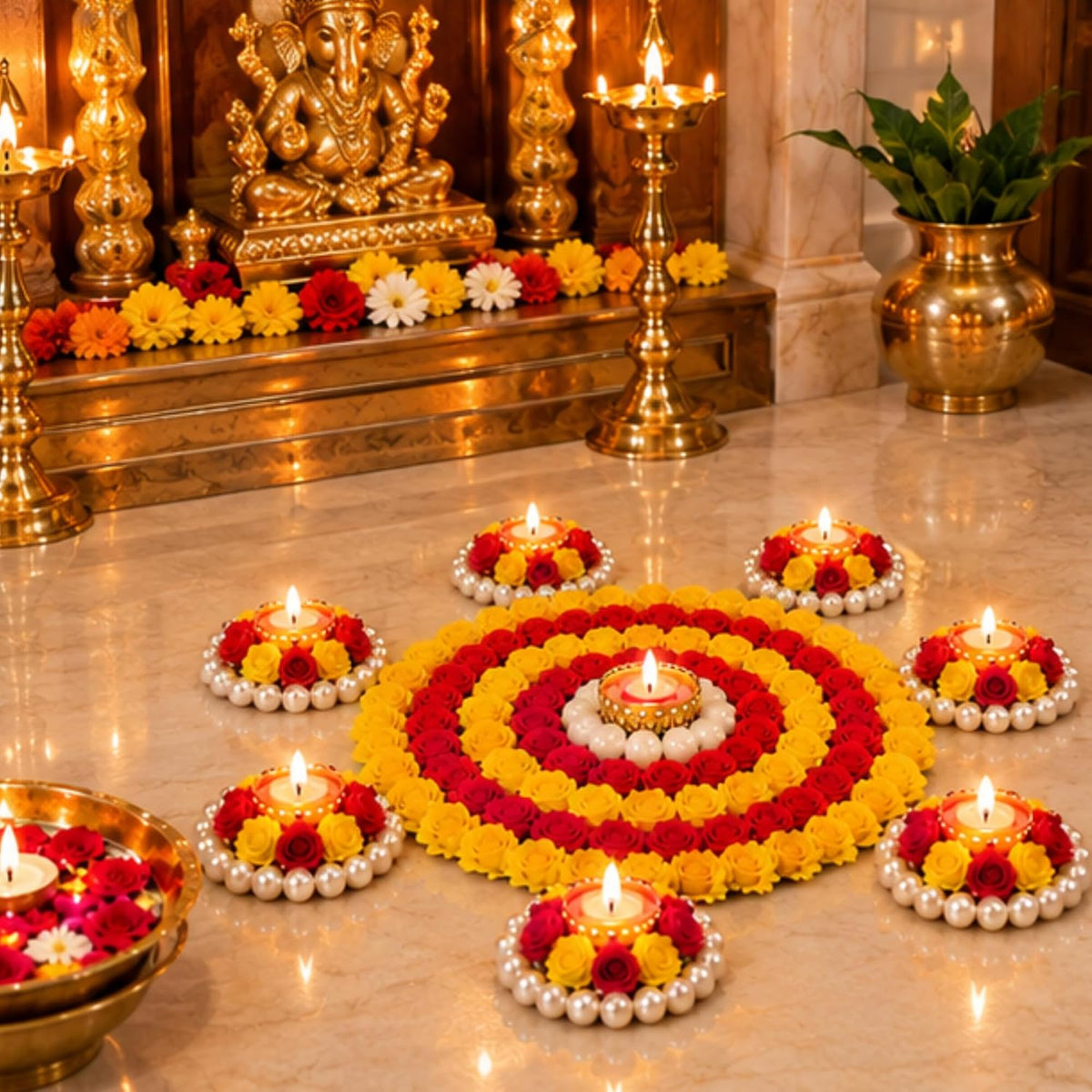 Flower Rangoli with Diya Set (9 Pcs)