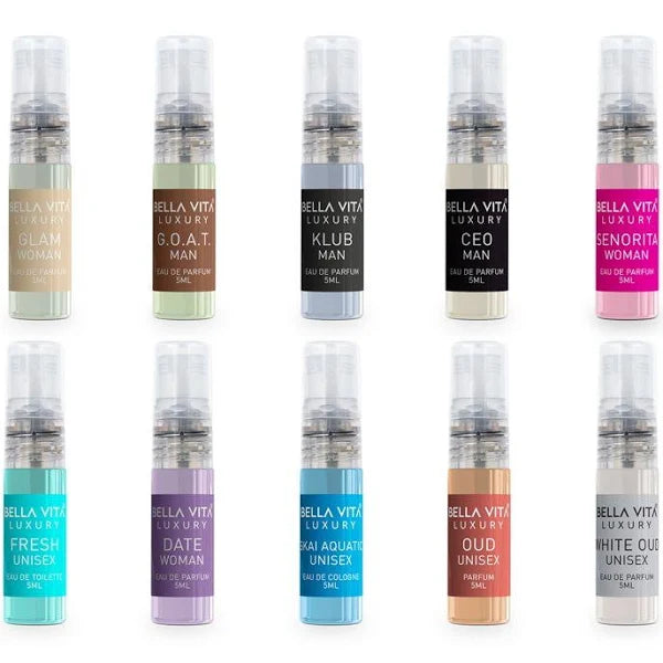 Set of 10 Bella Vita Organic long-lasting EDP fragrances in 5 ml bottles, luxury gift set, health and beauty product from Mytrendzcart.