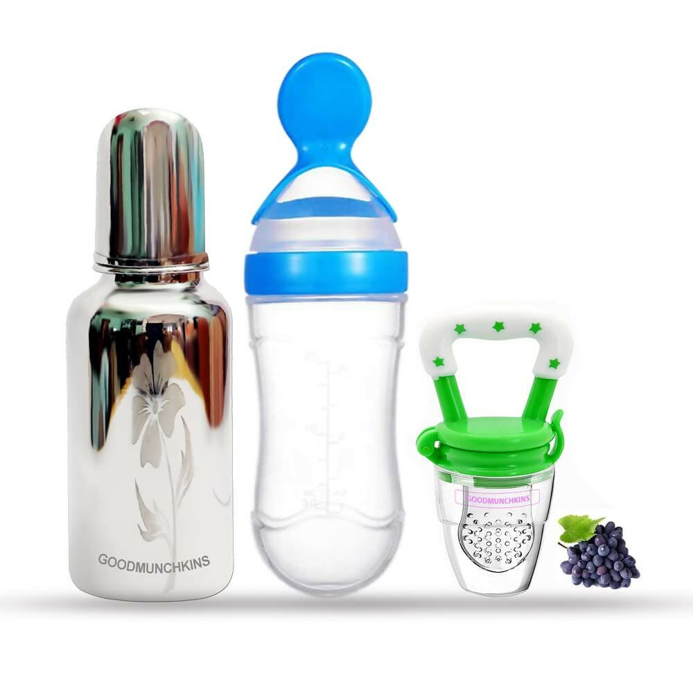 Goodmunchkins Stainless Steel Feeding Bottle, Food Feeder & Fruit Feeder Combo for Baby - (Blue - Green, 220ml) - Mytrendzcart