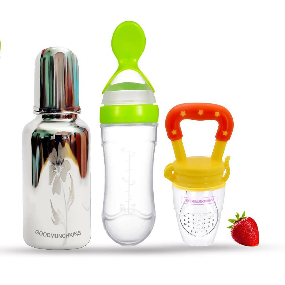 Goodmunchkins Stainless Steel Feeding Bottle, Food Feeder & Fruit Feeder Combo for Baby - (Green - Yellow, 220ml) - Mytrendzcart