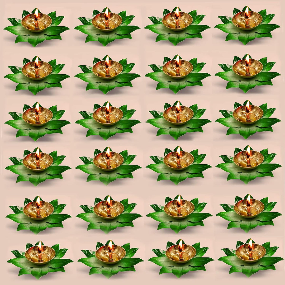 Hand-Painted Green Lotus Brass Diyas (Set of 24)