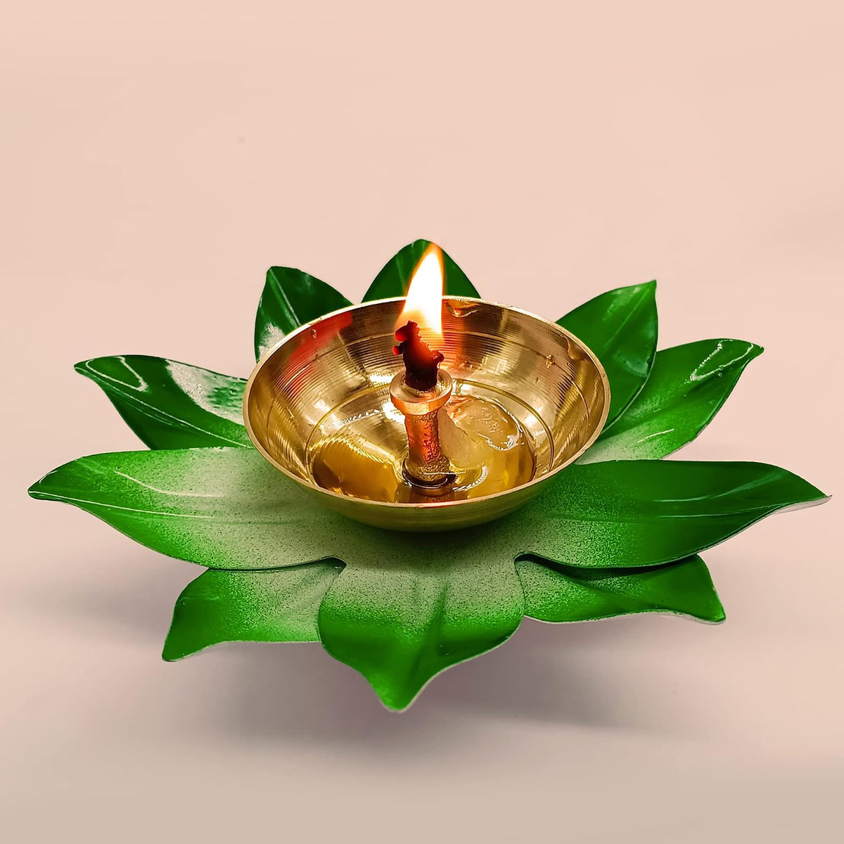 Hand-Painted Green Lotus Brass Diyas (Set of 24)