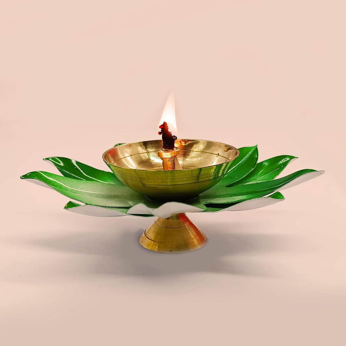 Hand-Painted Green Lotus Brass Diyas (Set of 24)