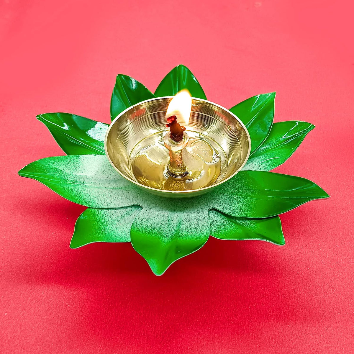 Hand-Painted Green Lotus Brass Diyas (Set of 24)