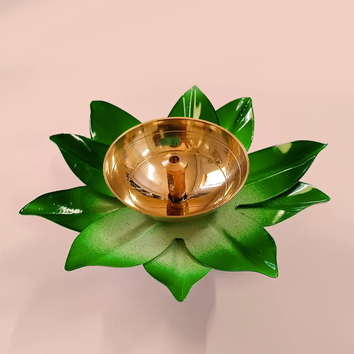 Hand-Painted Green Lotus Brass Diyas (Set of 24)