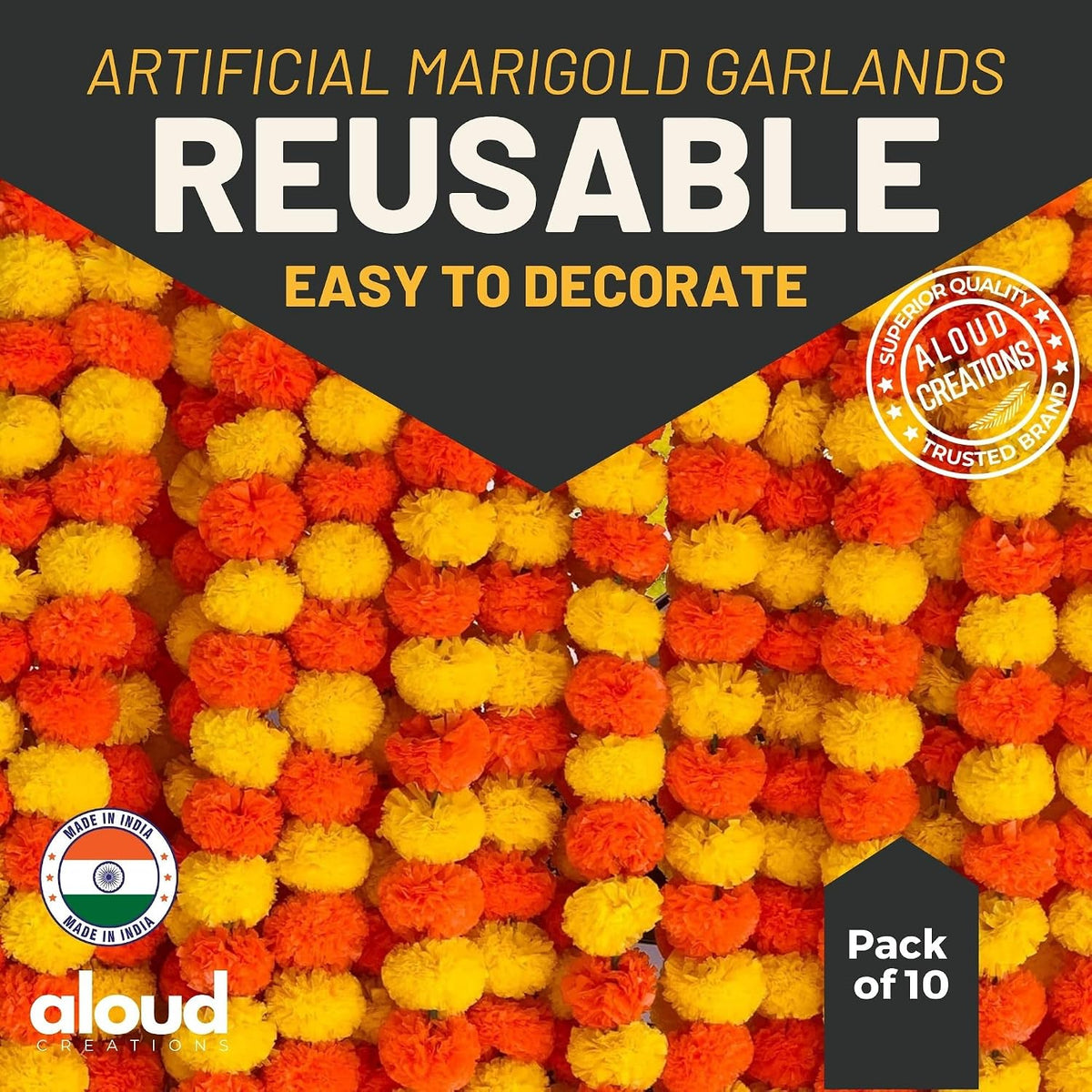 Handmade Marigold Latkan Toran, 5 Ft, Yellow & Orange (10 Pcs)