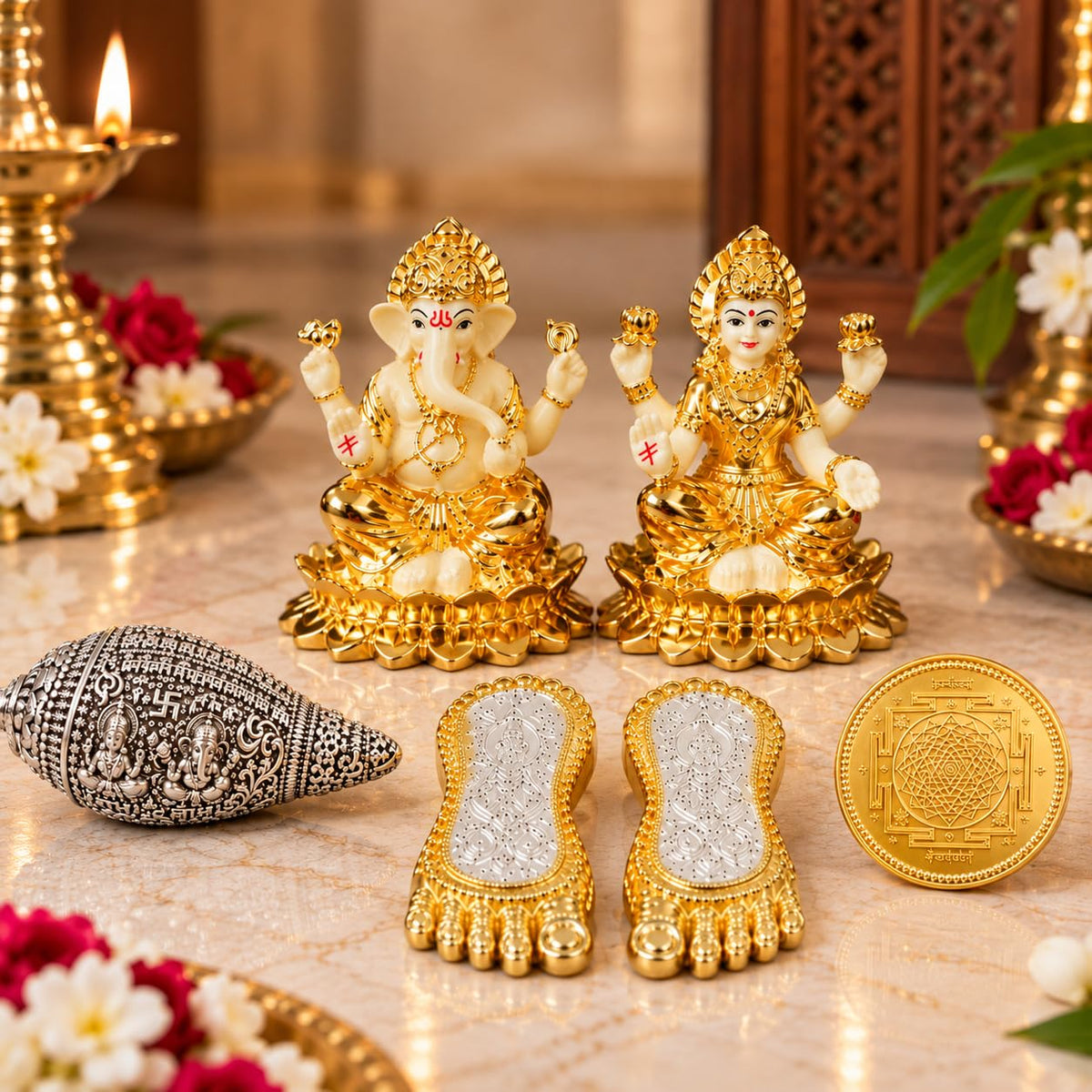 Lakshmi Ganesh Puja Combo with Silver Plated Shankh, Charan Paduka & Gold Plated Idol