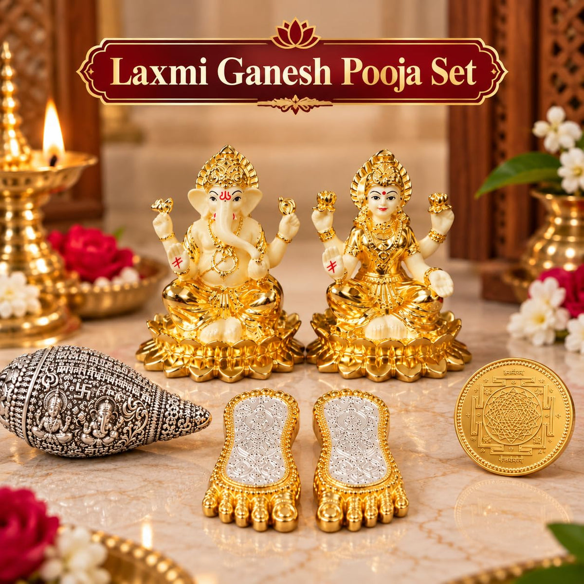 Lakshmi Ganesh Puja Combo with Silver Plated Shankh, Charan Paduka & Gold Plated Idol