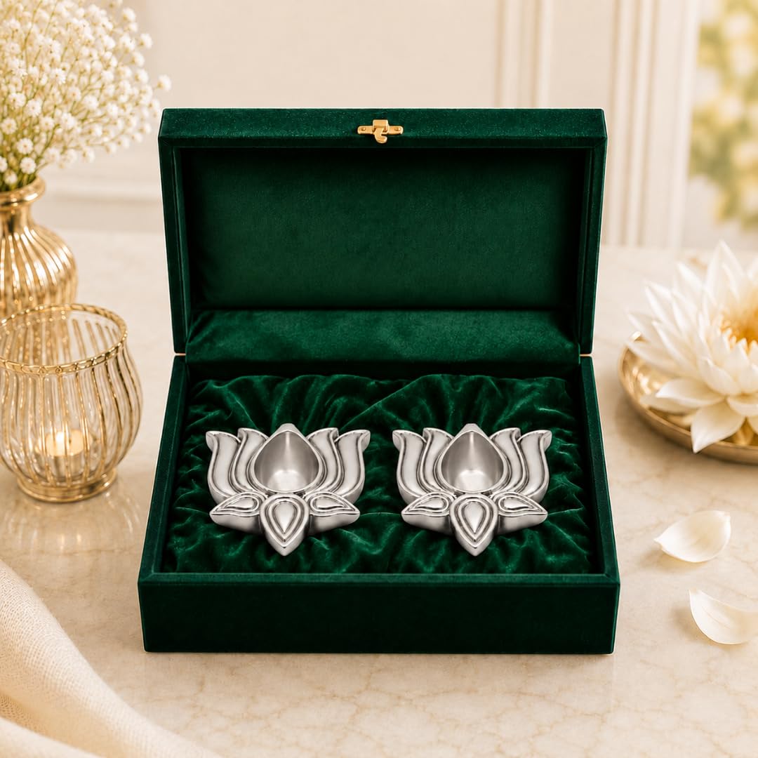 Lotus Diya Set of 2, 999 Silver Plated, Gift Box