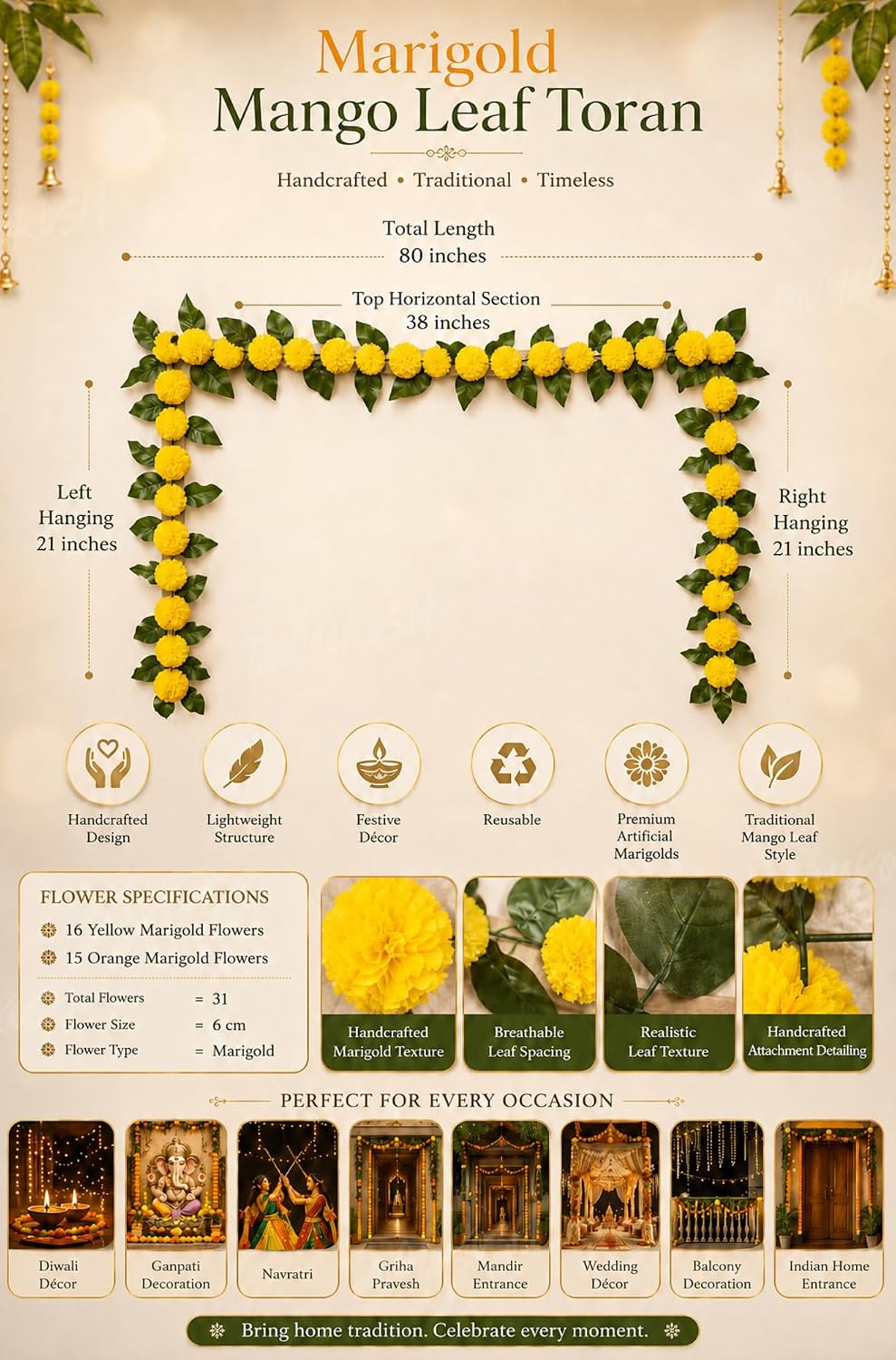 Mango Leaf & Marigold Vine, 80 Inch