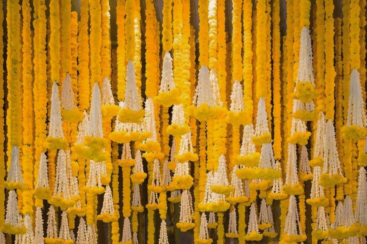 Marigold & Rajnigandha Garland with Bells, 5 Ft (Set of 10)