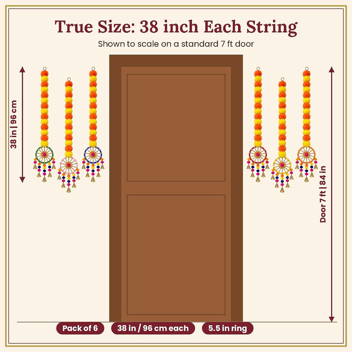 Marigold Ring Bell Latkan Toran, 38 Inch (Pack of 6)