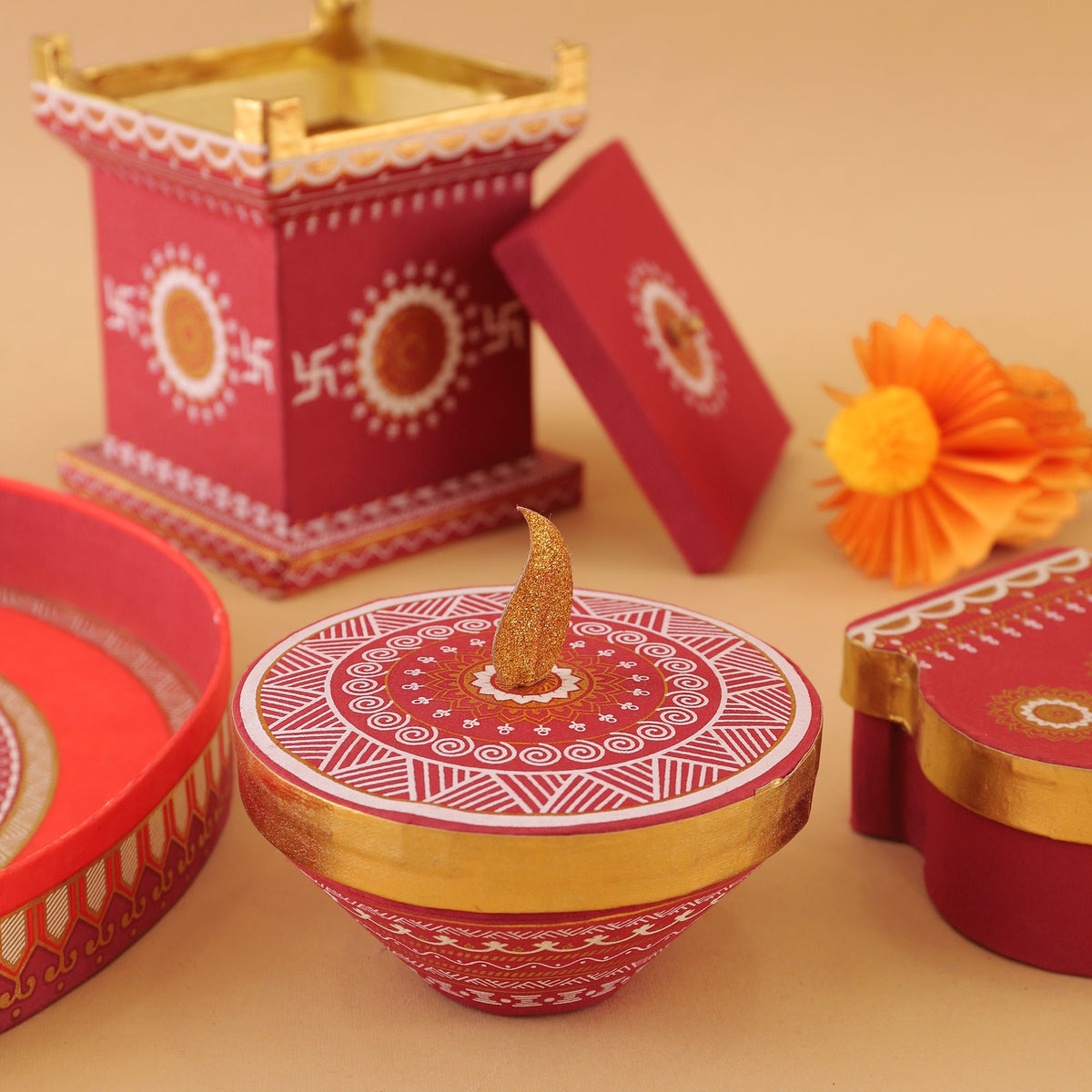 Paper Craft Puja Decor Hamper (Tulsi, Diya, Kalash, Bell & Tray)