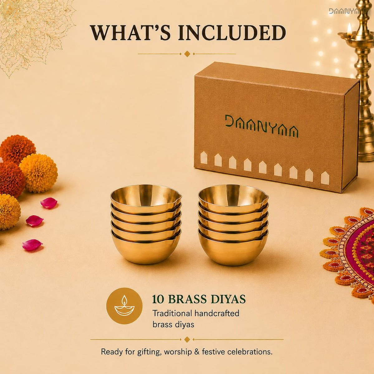 Patterned Brass Diya, 2.5 Inch (Set of 10)