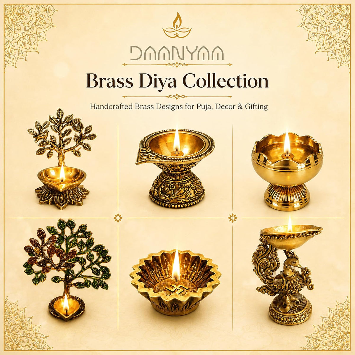 Patterned Brass Diya, 2.5 Inch (Set of 10)