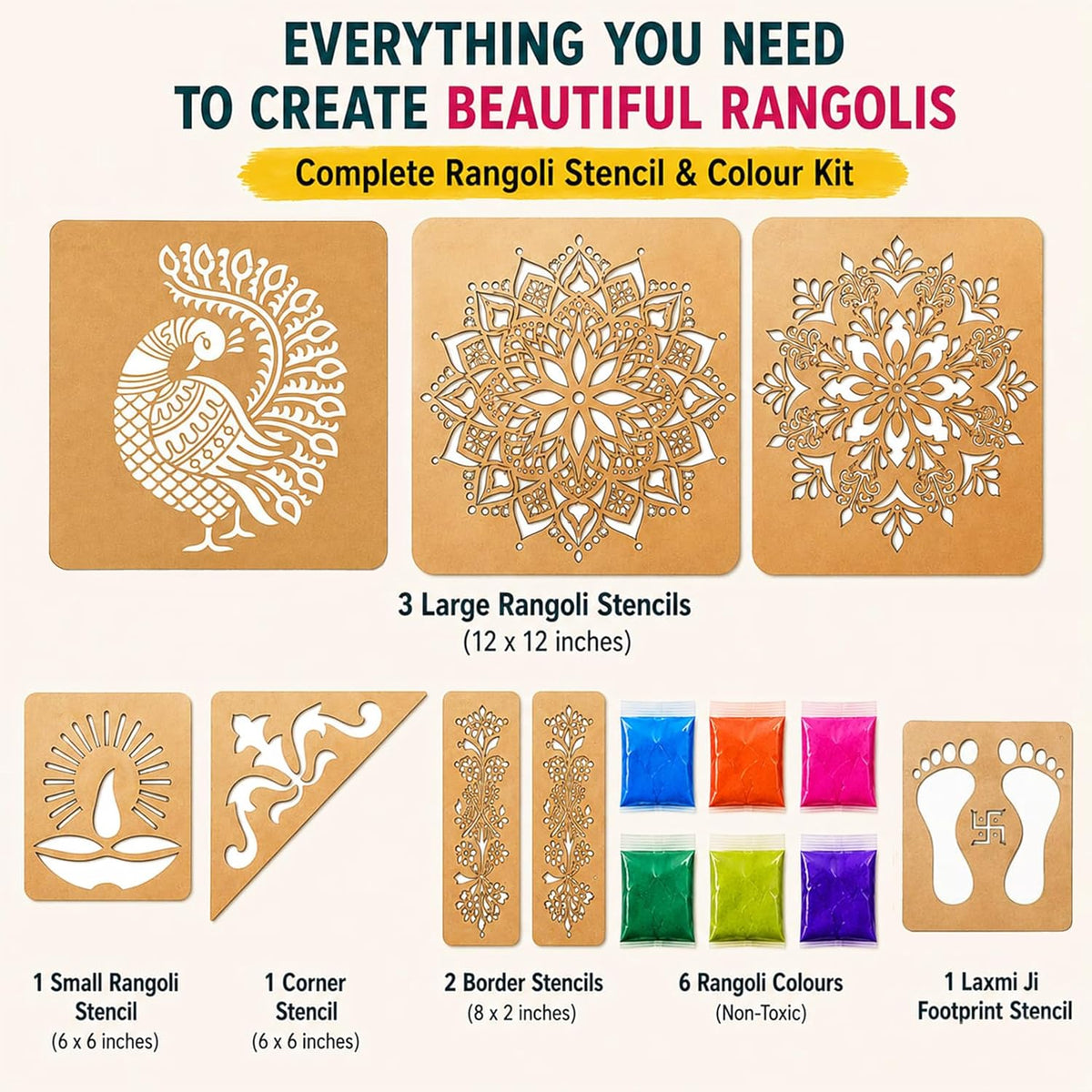 Peacock Rangoli Stencil Kit (8 Stencils + 6 Colours)