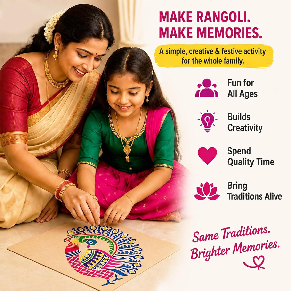 Peacock Rangoli Stencil Kit (8 Stencils + 6 Colours)