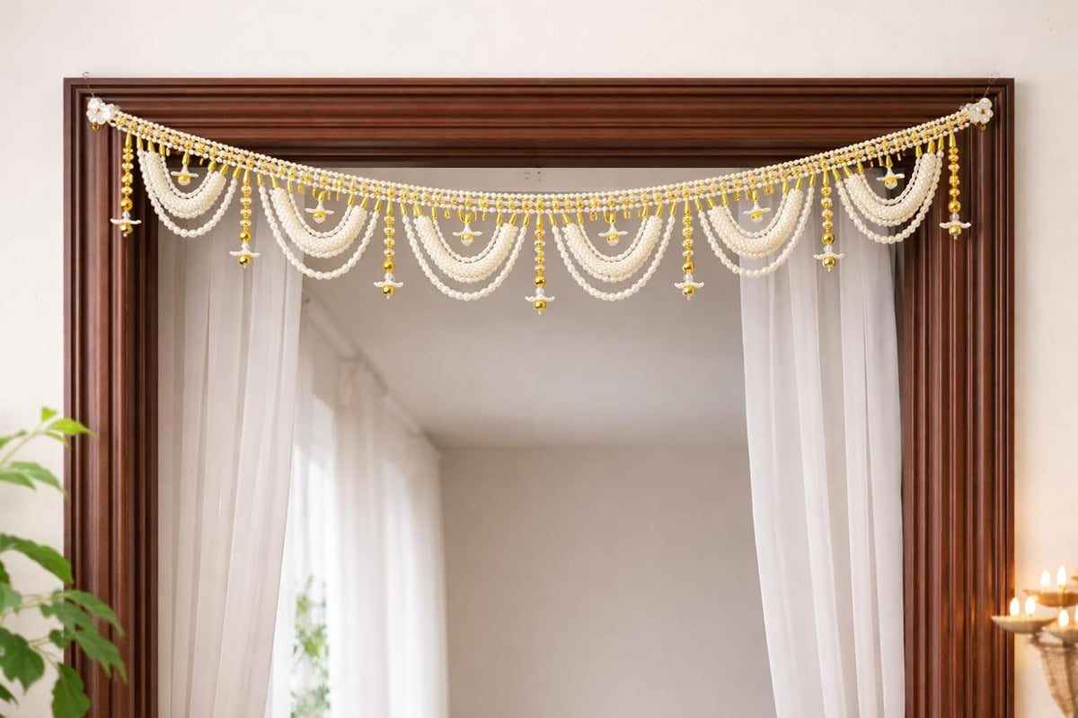 Pearl Beaded Door Toran with Bells, 3 Ft