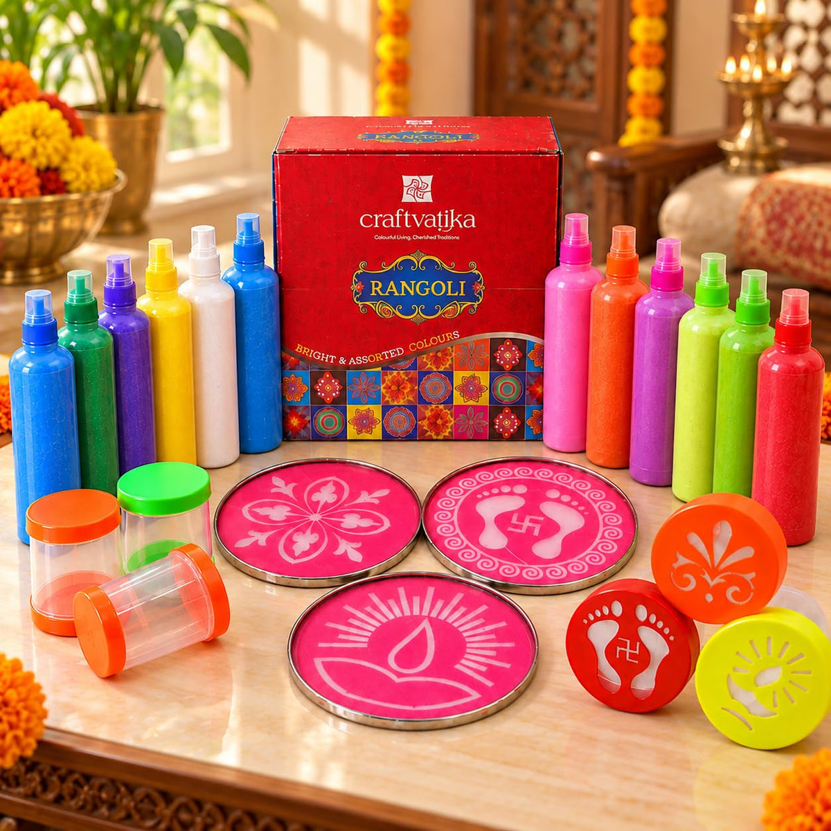 Rangoli Making Kit: 12 Colours, Stencils & Filler Stamps