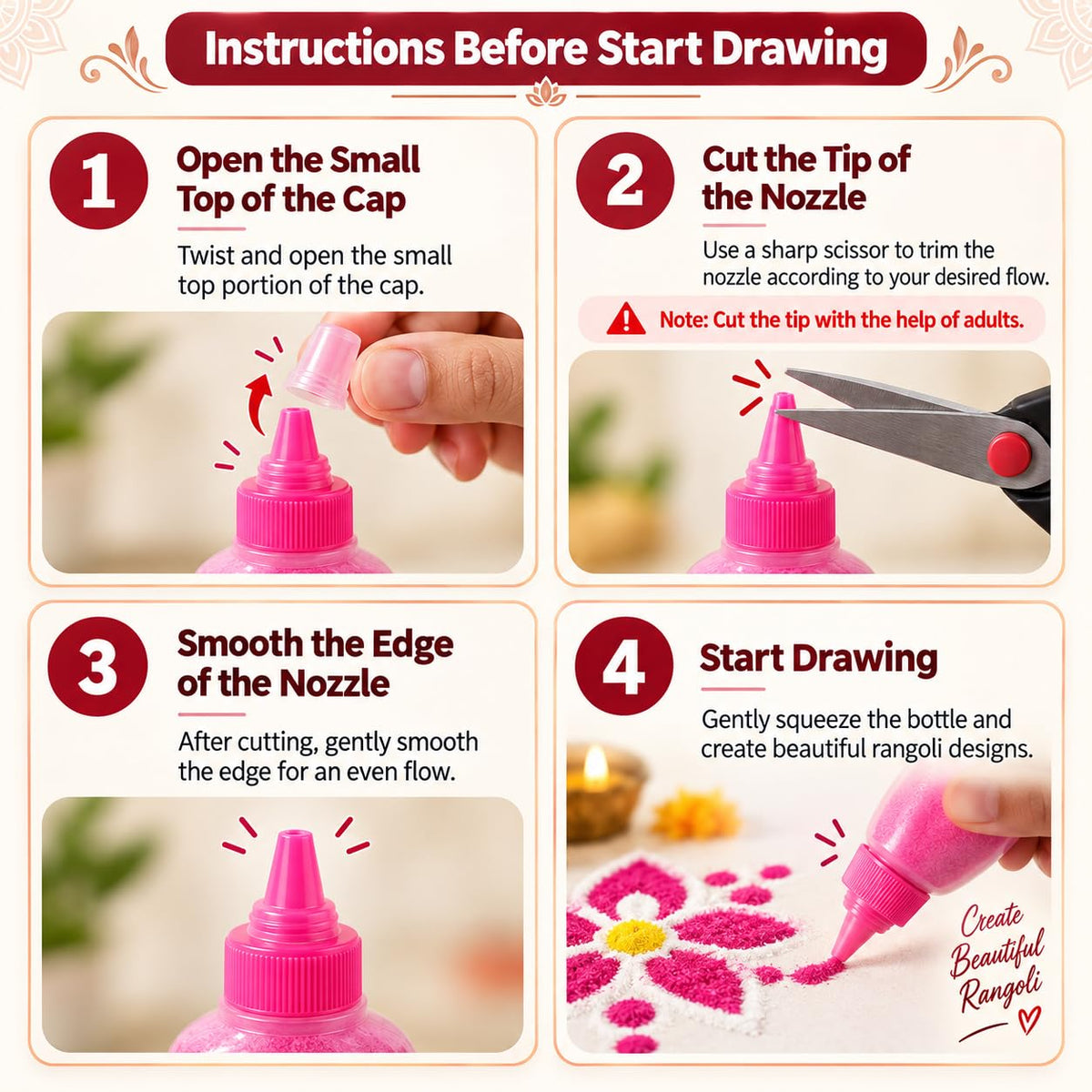 Rangoli Making Kit: 12 Colours, Stencils & Filler Stamps