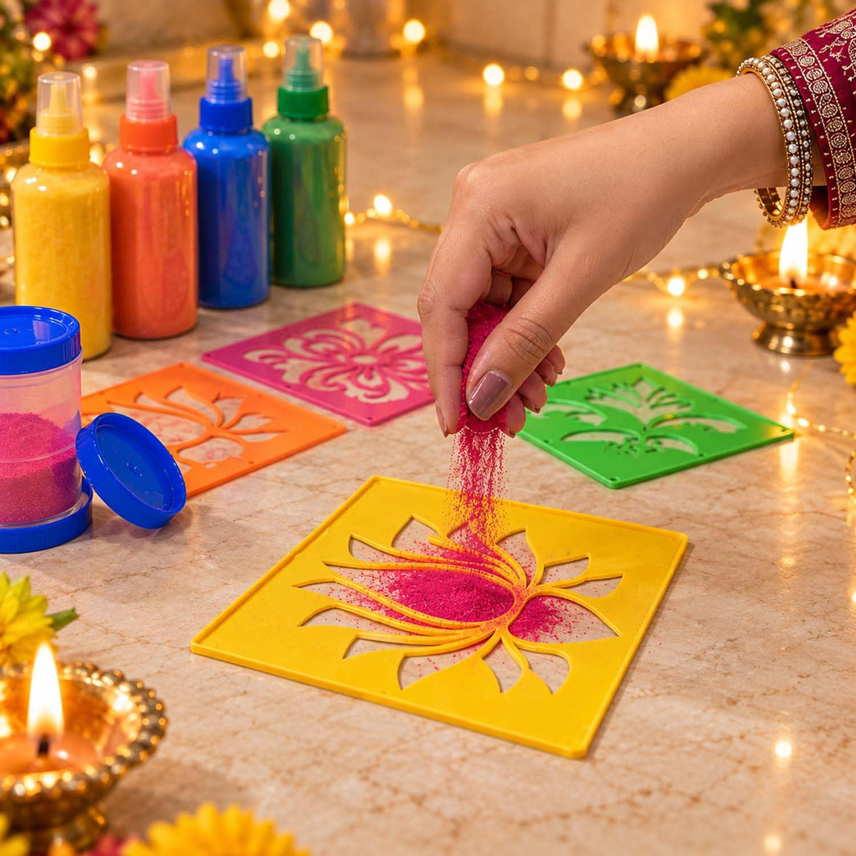 Rangoli Stamp & Stencil Kit (12 Designs + 6 Borders)