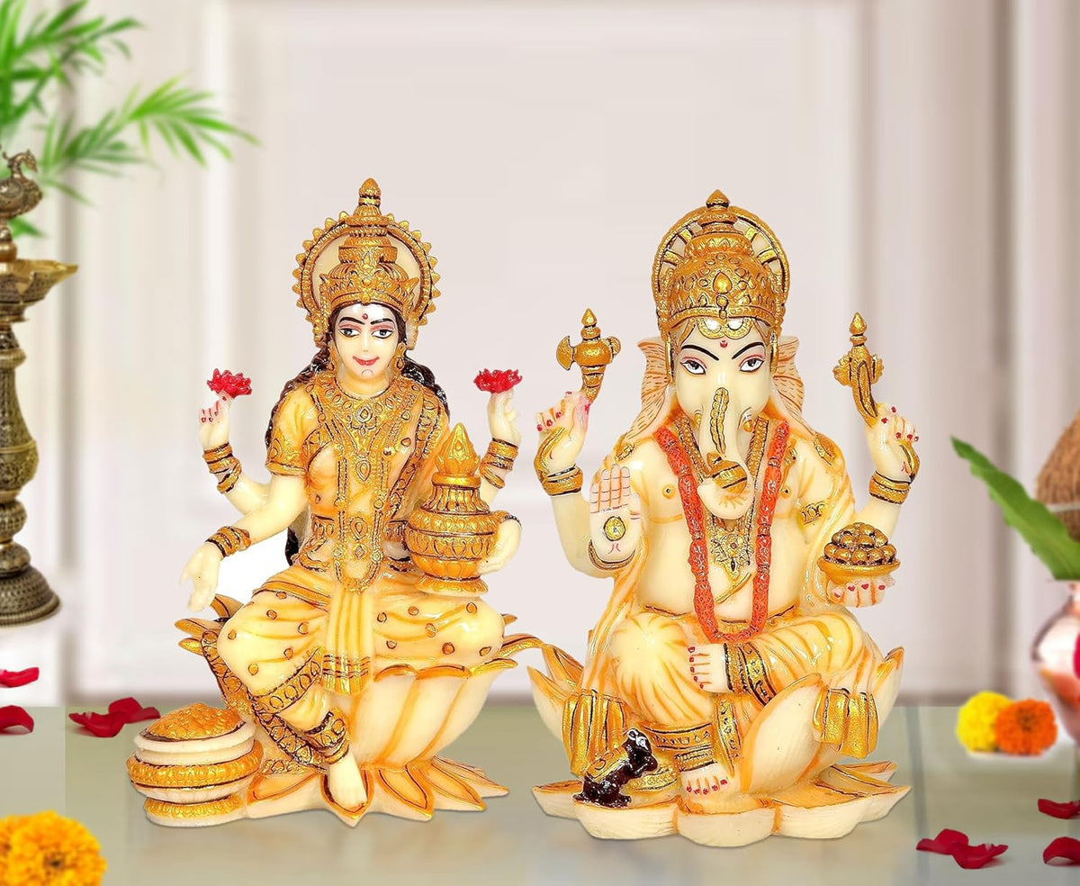 Handcrafted Resin Lakshmi & Ganesha Idol - 7 Inch