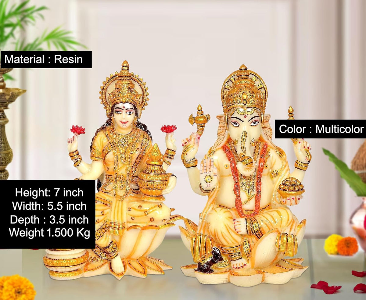 Handcrafted Resin Lakshmi & Ganesha Idol - 7 Inch