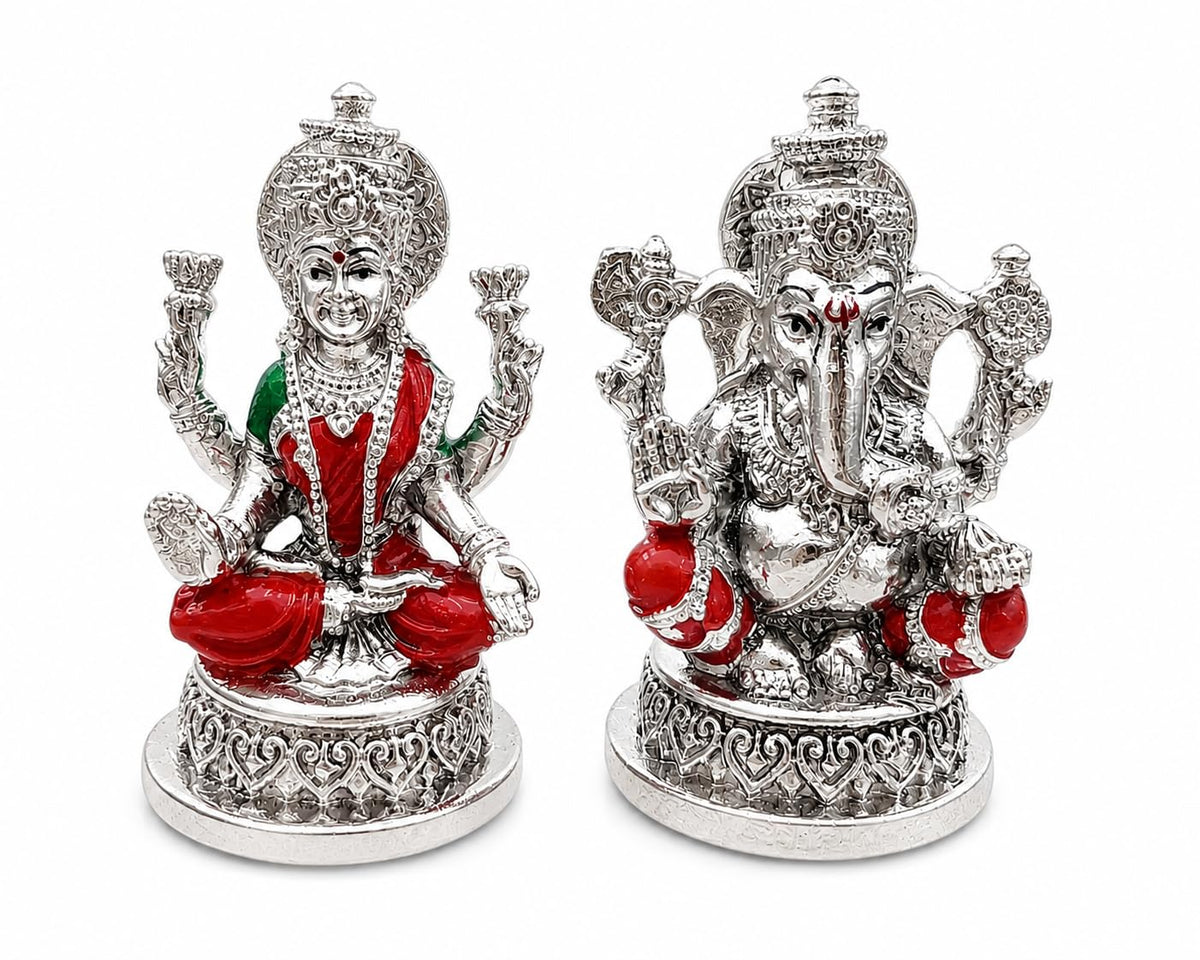 999 Silver Plated Lakshmi Ganesh Idol with Velvet Gift Box