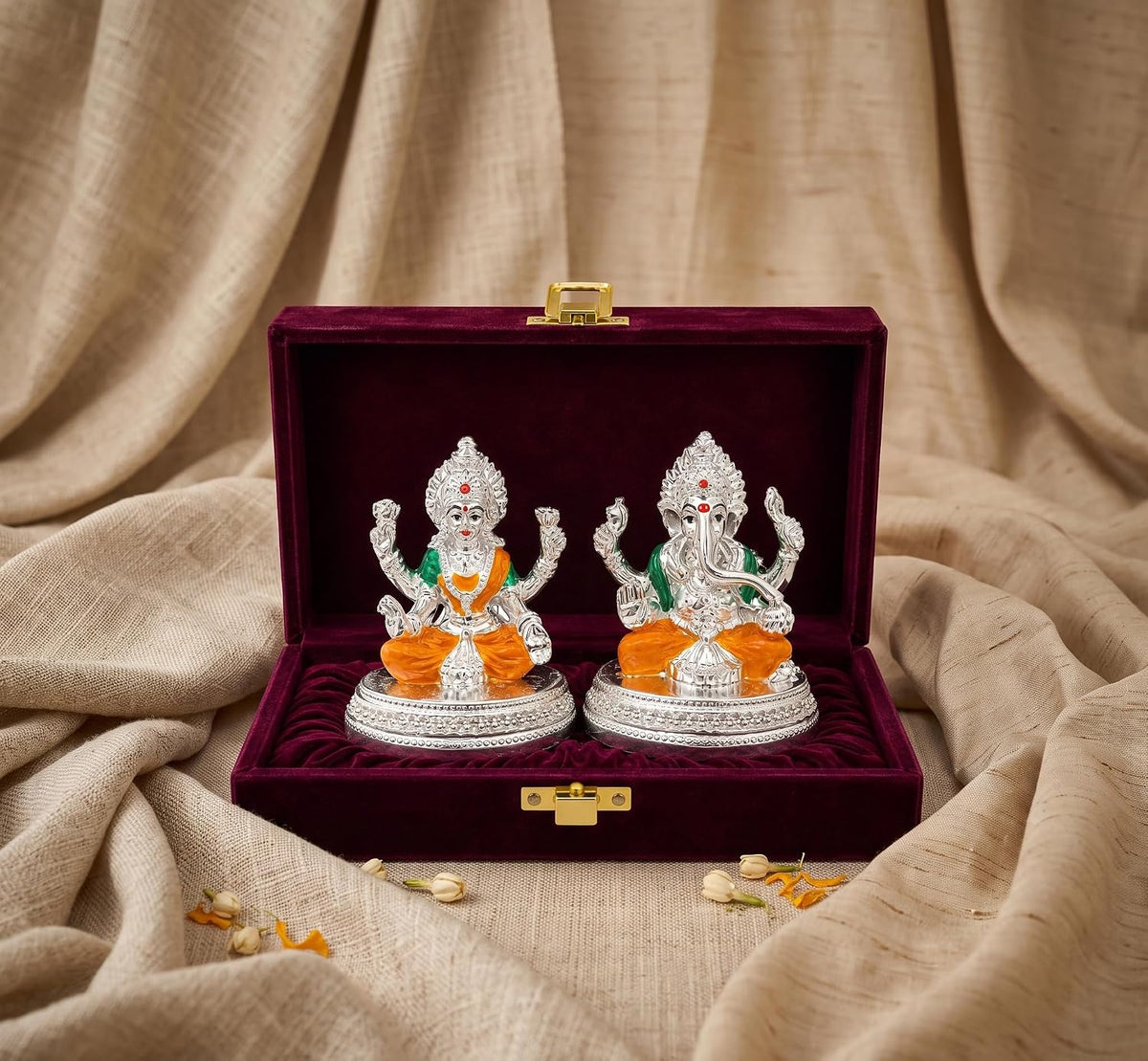 999 Silver Plated Lakshmi Ganesh Idol with Velvet Gift Box