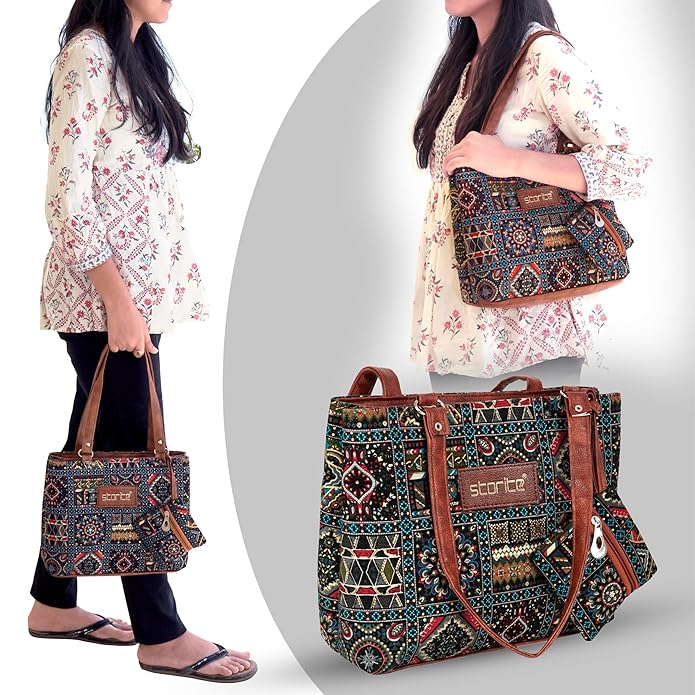 Storite Women's Tote Bag With Leather Handles & Embroidery Printed Handbag With Zip Pockets, Shoulder Tote Bag And Handbag For Office And College (30x25x9.5Cm), Multicolor - Mytrendzcart
