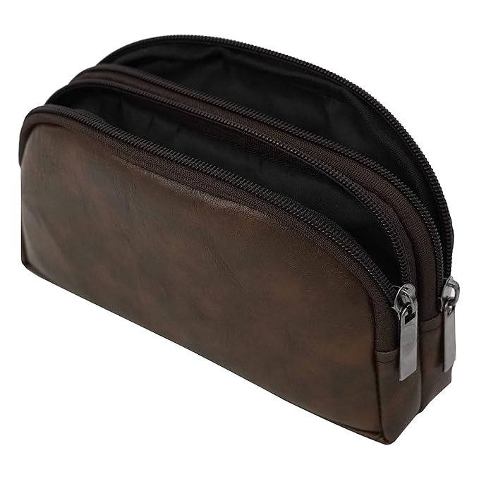 TULMAN PU Leather Toiletry Bag for Travelling Shaving Kit Makeup Cosmetic Organizer Pouch – Brown - 20 x 11 x 4.5 cm - Unisex (2 Pack) - Mytrendzcart