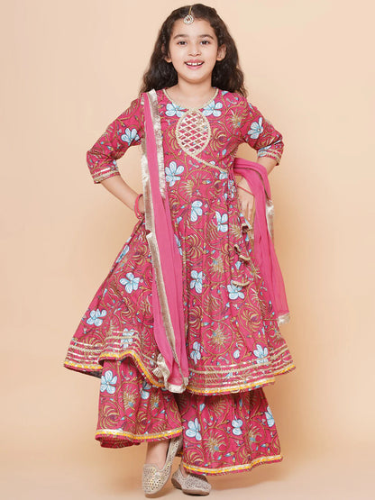 Girls Peach Floral Printed Angrakha Gotta Patti Kurta & Sharara set With Dupatta for Kids - Bhama -3-4Y Mytrendzcart