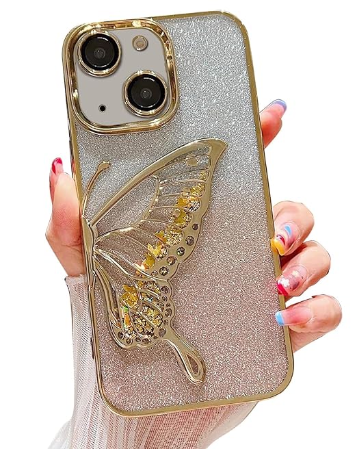 mobistyle Thermoplastic Polyurethane Designed For iPhone 15 Cover With Glitter Cute Butterfly Electroplating Design Back Cover Case For Women Teen Girls (Gold) - Mytrendzcart