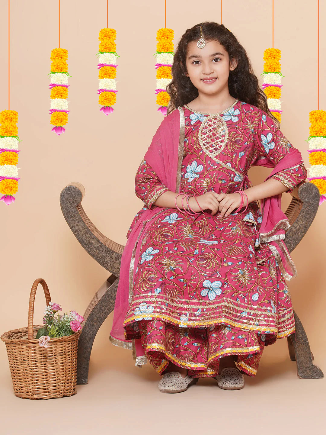 Girls Peach Floral Printed Angrakha Gotta Patti Kurta & Sharara set With Dupatta for Kids - Bhama -3-4Y Mytrendzcart