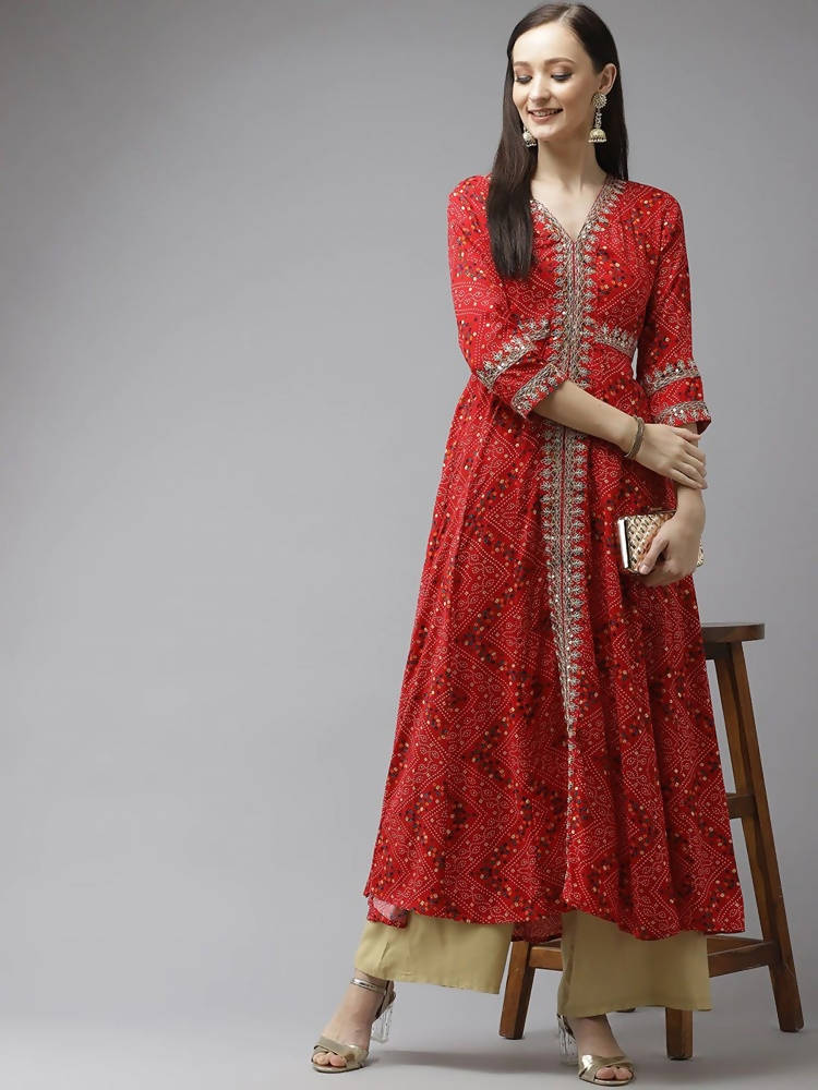 Yufta Women Red Bandhani Printed Kurta -L Mytrendzcart