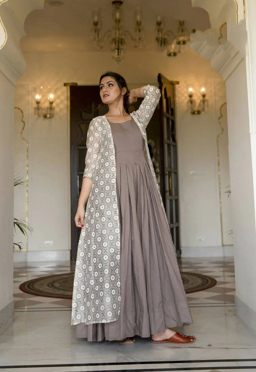 Partywear Designer Digital print Grey Maslin Gown - Anbazaar -M(38) Mytrendzcart