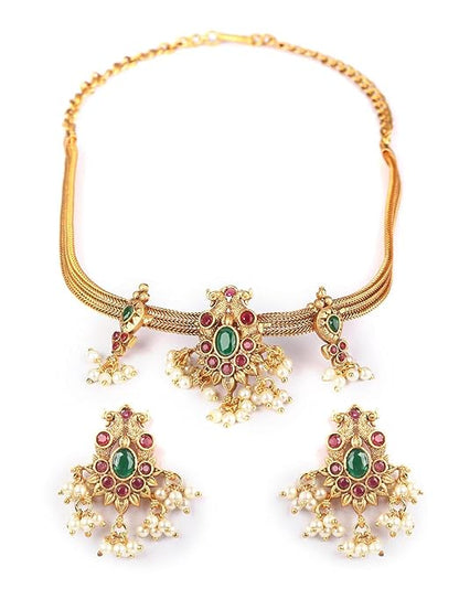 Priyaasi Fancy Stylish Traditional Peacock Kemp Stones Beaded Gold Plated Choker Jewellery Set for Women Mytrendzcart