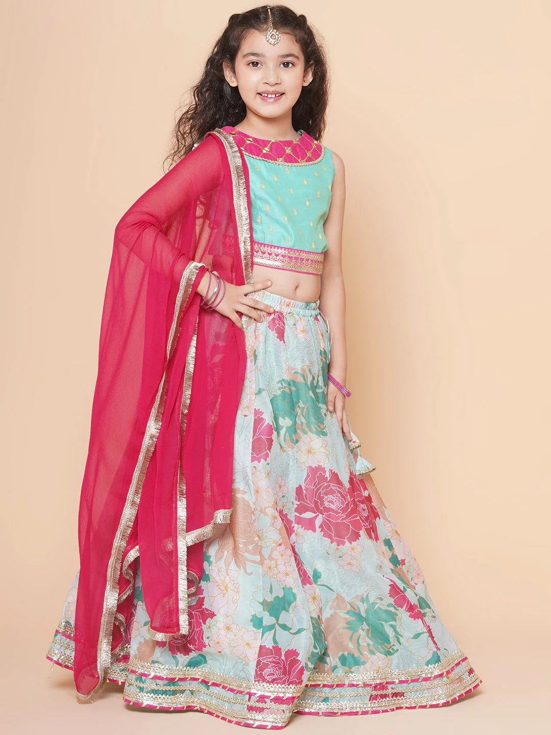 Girls Pink Green Multi printed lehenga with Pink Embroiderd Choli with Pink Dupatta for Kids - Bhama -3-4Y Mytrendzcart