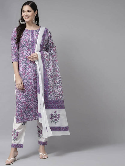 Yufta Women Lavender & White Ethnic Motifs Printed Kurta with Trouser & Dupatta Mytrendzcart