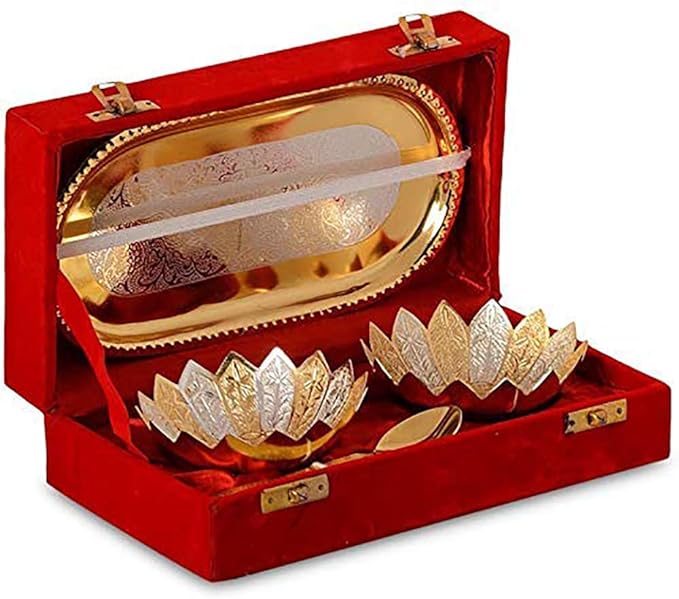 Designox R Ayurveda Copper Metal Floral Bowl Set 5 Pieces Set In (Red Velvet Imitation Jewelry Box With Gift Ribbon) Pack Of 1 Box, 250 Milliliter - 250 Ml Visit the R Ayurveda Copper Store Mytrendzcart