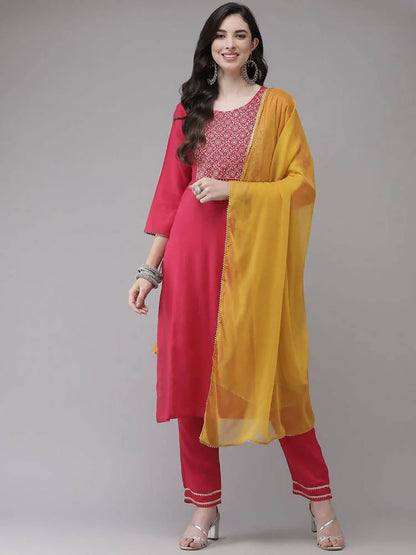 Yufta Women Pink Solid Kurta with Trouser & With Dupatta Mytrendzcart