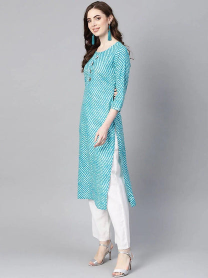 Yufta Women Blue & Off-White Leheriya Dyed Straight Kurta -M Mytrendzcart