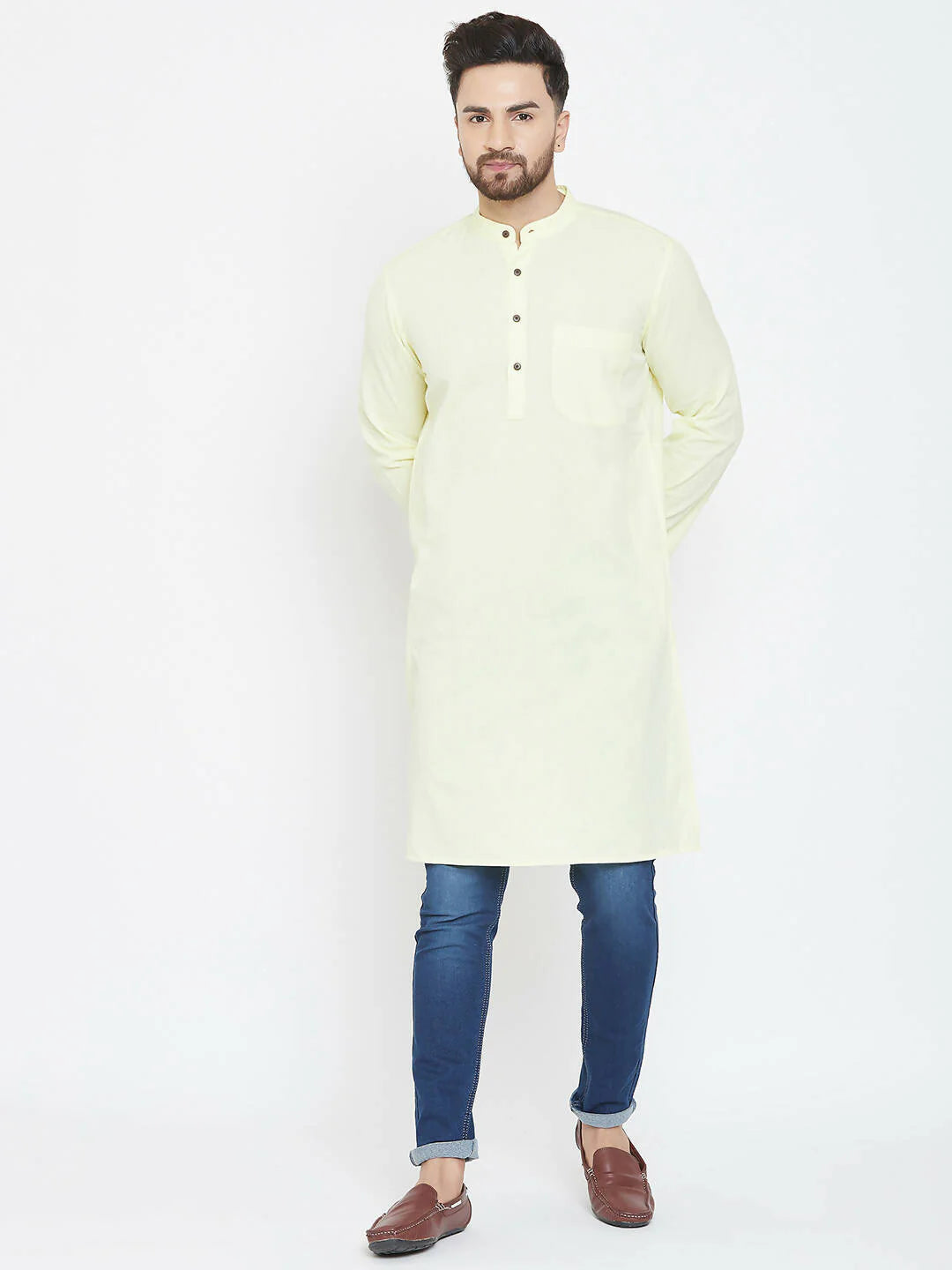 Even Apparels Yellow Color Men's Pure Cotton Kurta With Band Collar -XS Mytrendzcart