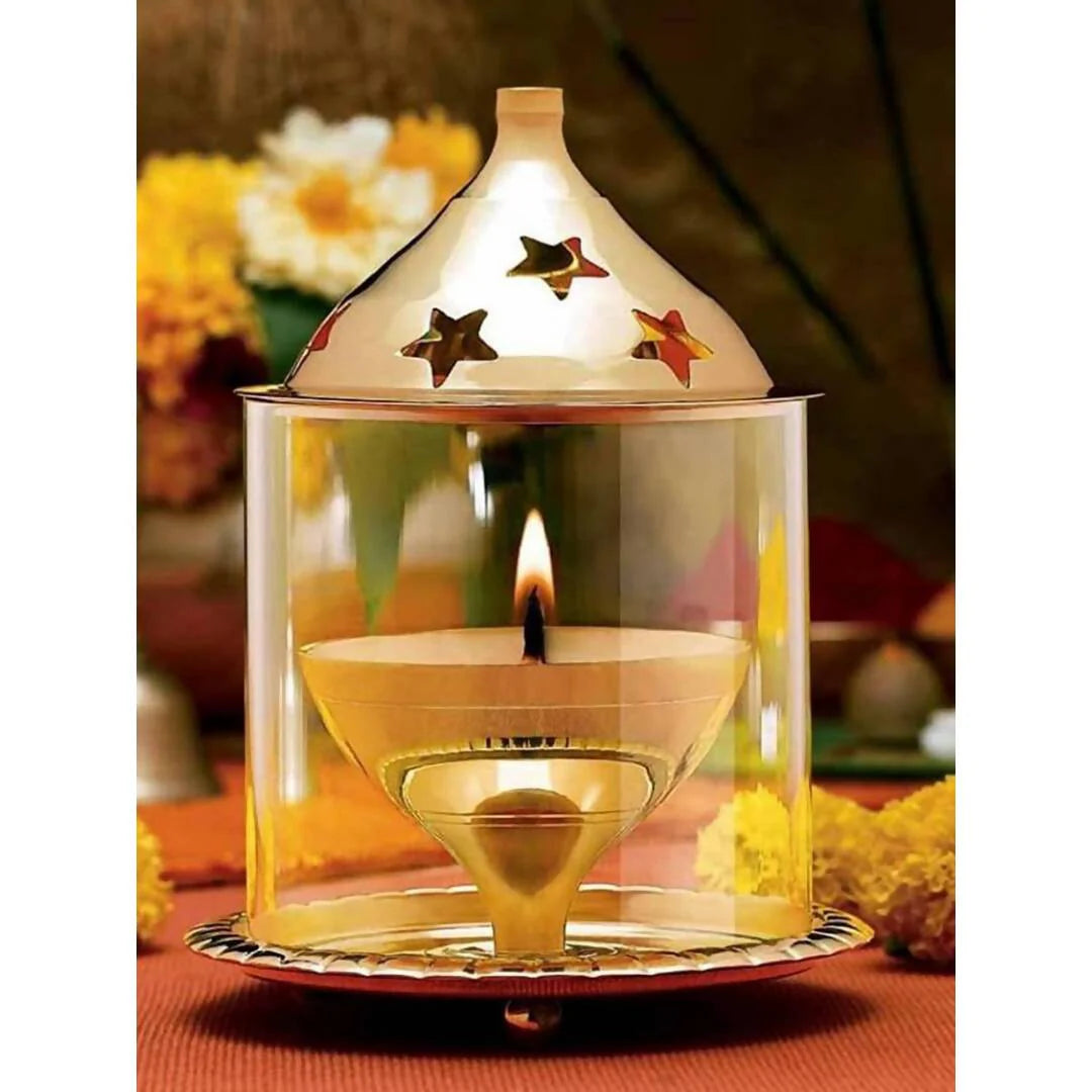 eCraftIndia Brown Brass And Glass Akhand Diya Mytrendzcart